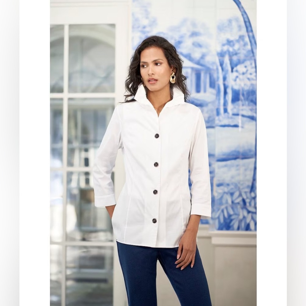 Ming Wang
Stretch Cotton Poplin Ruffle Stand Collar Button Front Top NWT - Picture 2 of 6